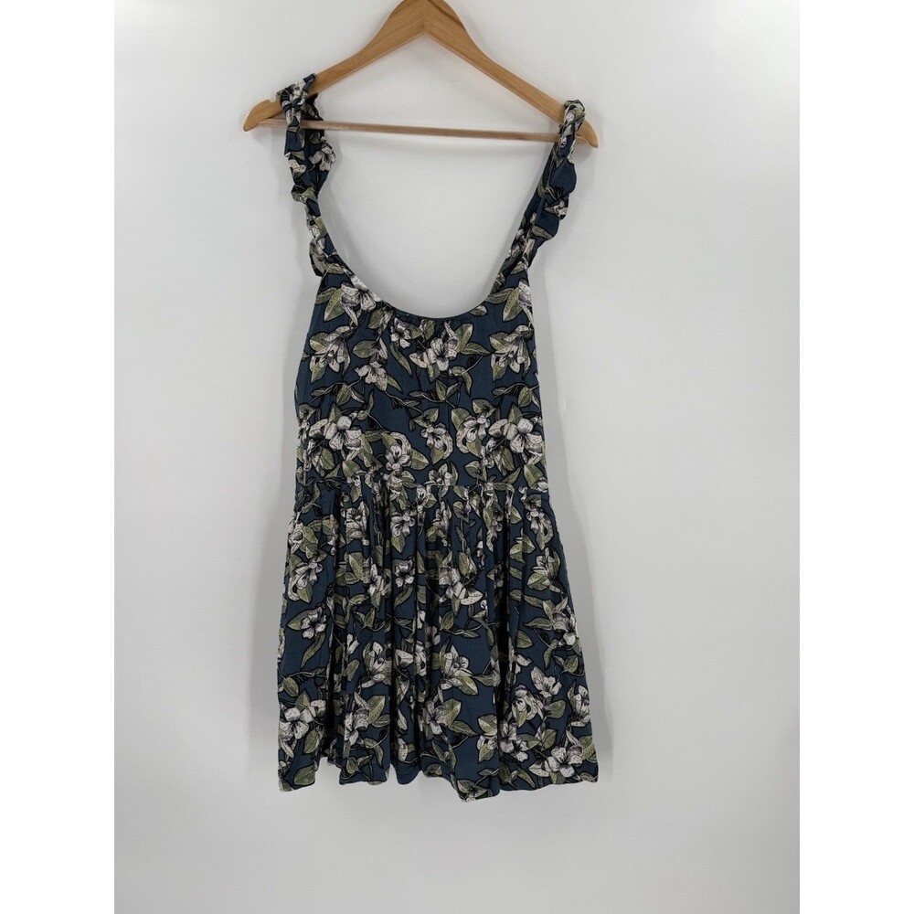 Free People Dress Large Women's Blue Green Floral Ruffle Strap Mini